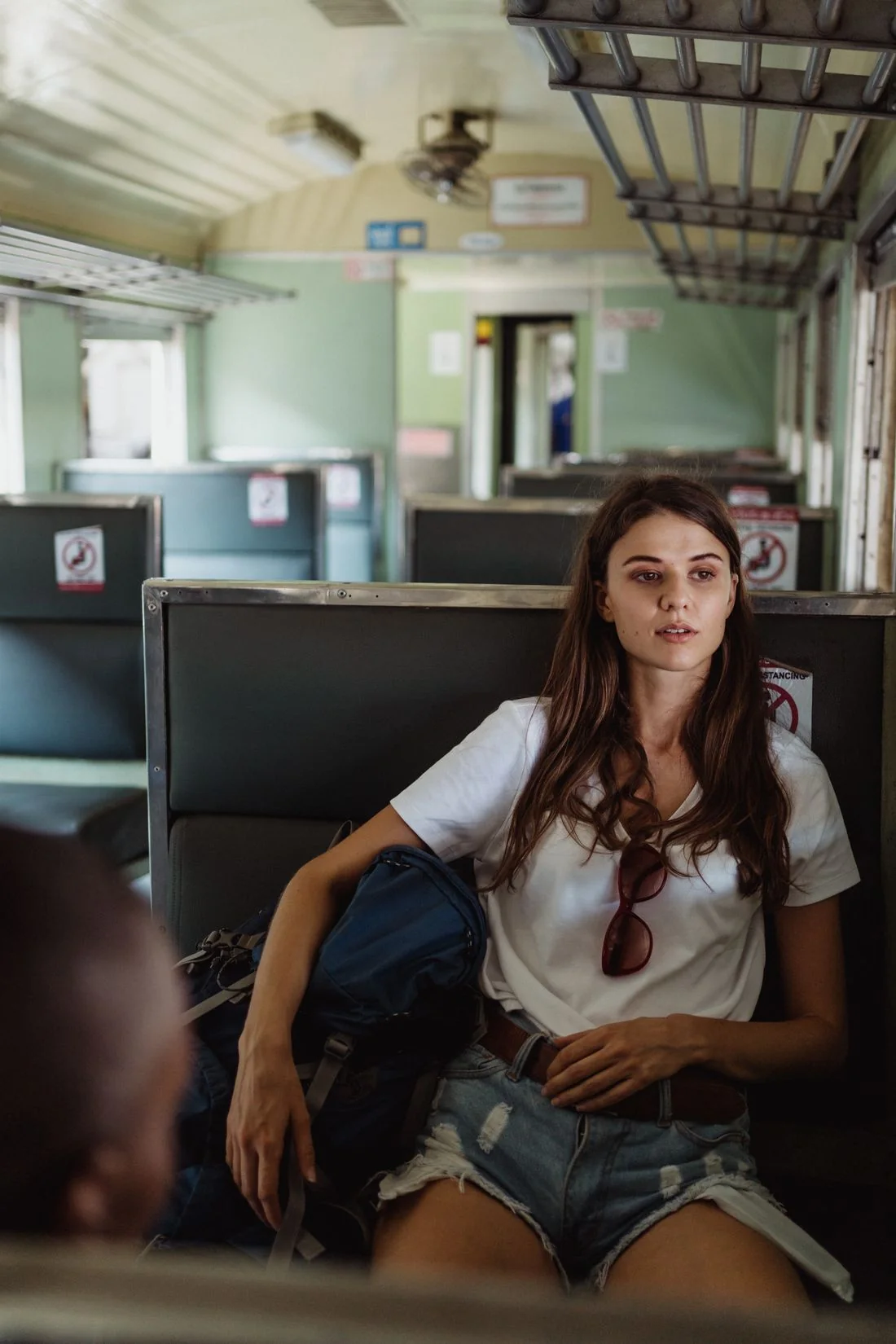 Woman seated on a train during a journey